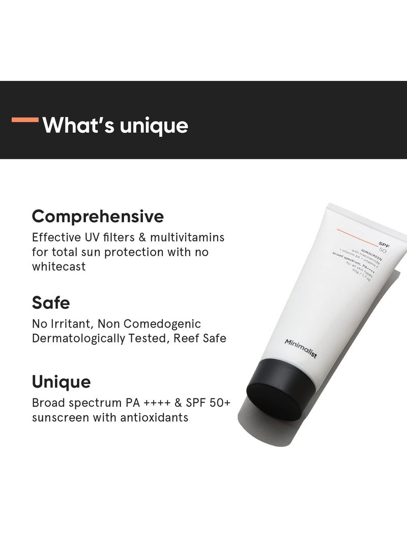 Minimalist Sunscreen SPF 50 PA++++ | Clinically Tested in US (In-Vivo) | Lightweight Cream with Multi-Vitamins | No White Cast | Broad Spectrum Niacinamide Sunscreen For Oily Skin, Dry Skin | For Women & Men | 50g (Pack of 1) - Image 3