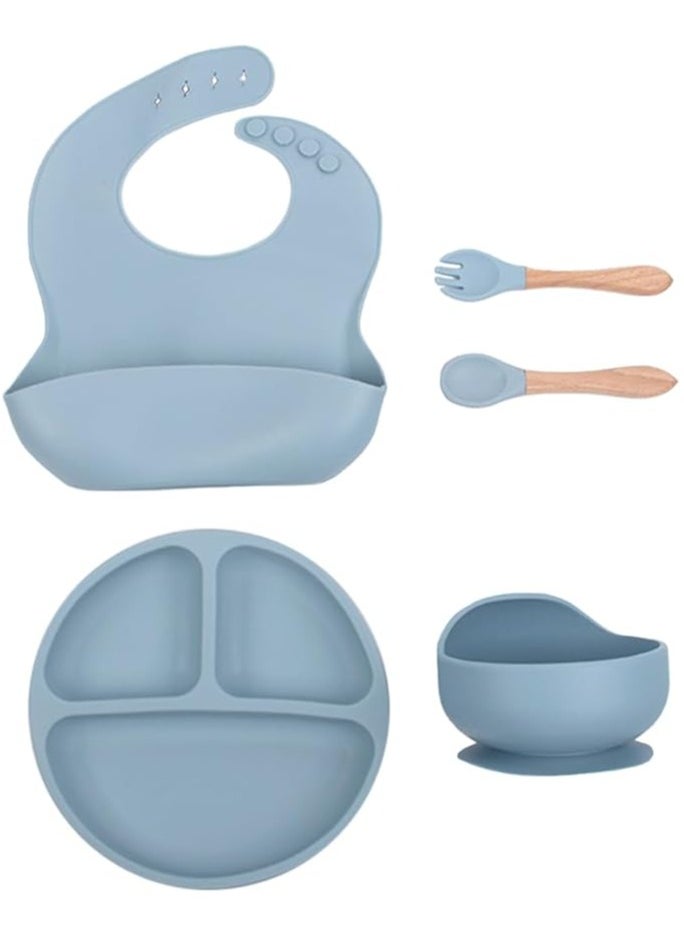 Generic Silicone Baby Feeding Set, Baby Led Weaning Supplies, Suction Plate and Bowl, Self Feeding Spoons, Bib, First Stage Food Set, Baby Dishes, Infant Eating Utensils (Blue)  - Image 1