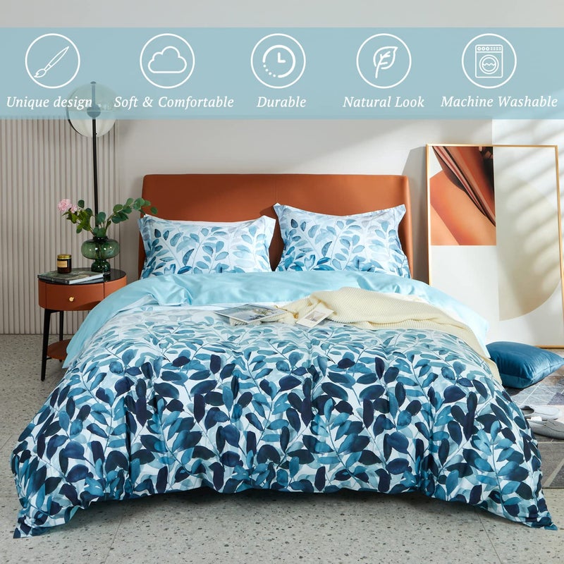 MILDLY 100% Long Staple Cotton Duvet Cover Set Gradient Blue Leaves Printed Comforter Cover Set Farmhouse Plant Comforter Cover Set - Image 2