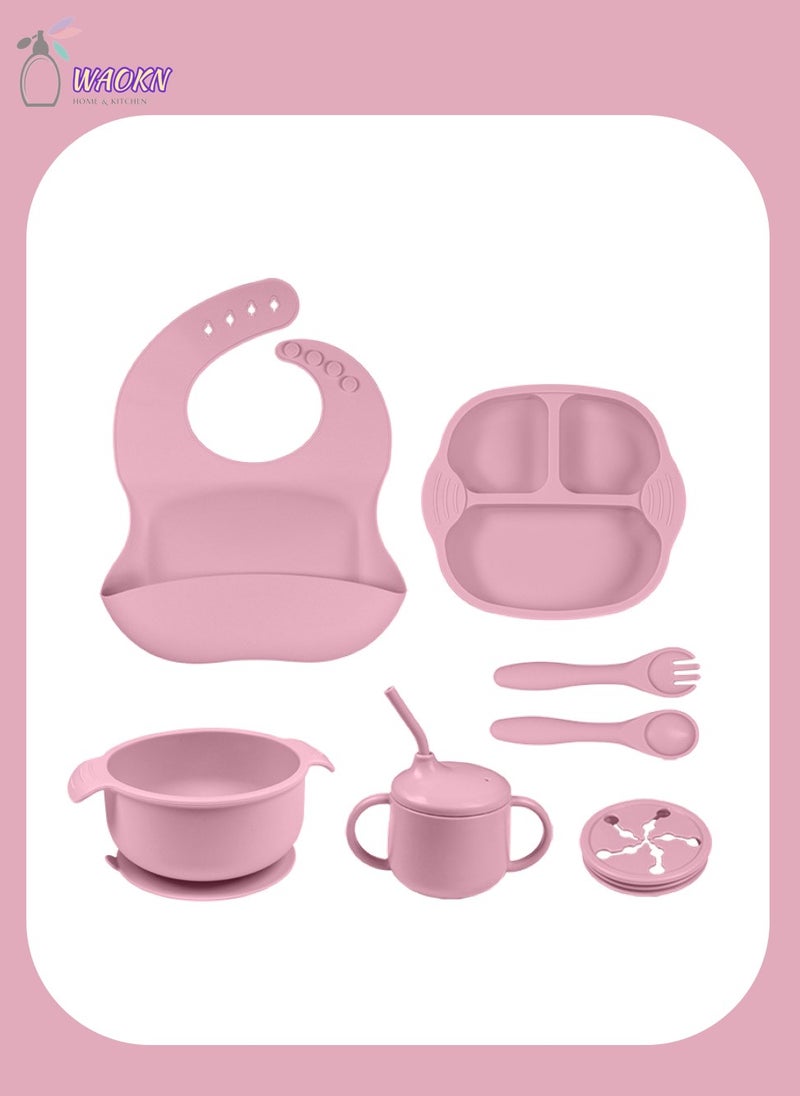 WAOKN 7-Piece Baby Silicone Tableware Set, Special For Infants To Eat Their Own Training Tableware Set, Including Dinner Plate, Complementary Food Bowl, Sippy Cup, Bib, Fork, Spoon, Snack Cover  - Image 1