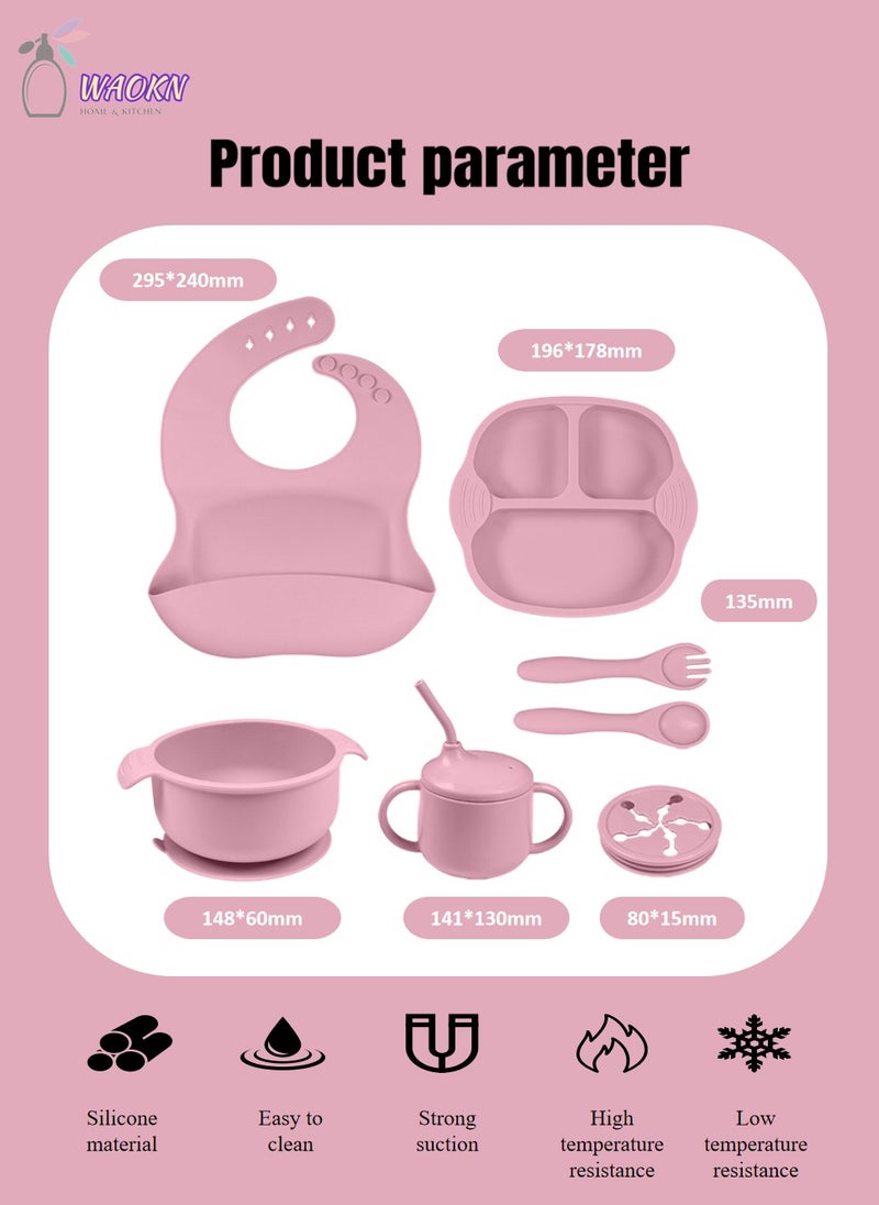WAOKN 7-Piece Baby Silicone Tableware Set, Special For Infants To Eat Their Own Training Tableware Set, Including Dinner Plate, Complementary Food Bowl, Sippy Cup, Bib, Fork, Spoon, Snack Cover  - Image 2
