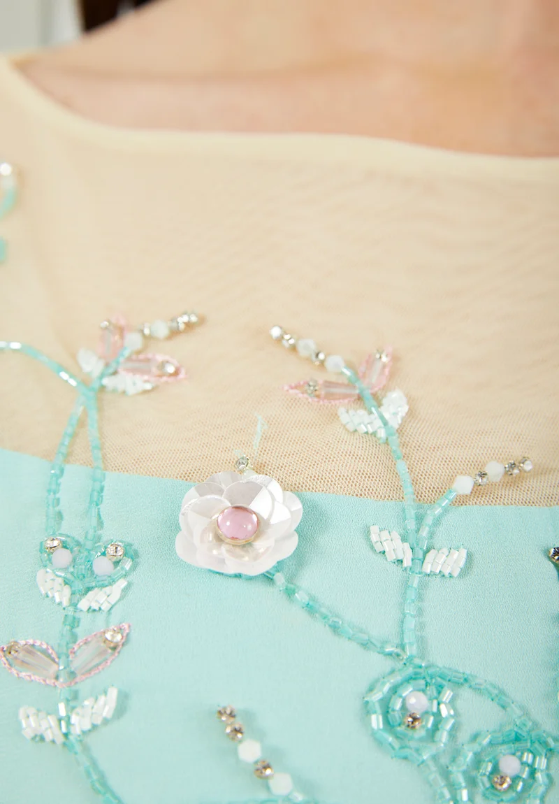 Amri Chiffon Long dress With Beautiful Embroidery details And Illusion Neckline And Frilled Long Sleeves