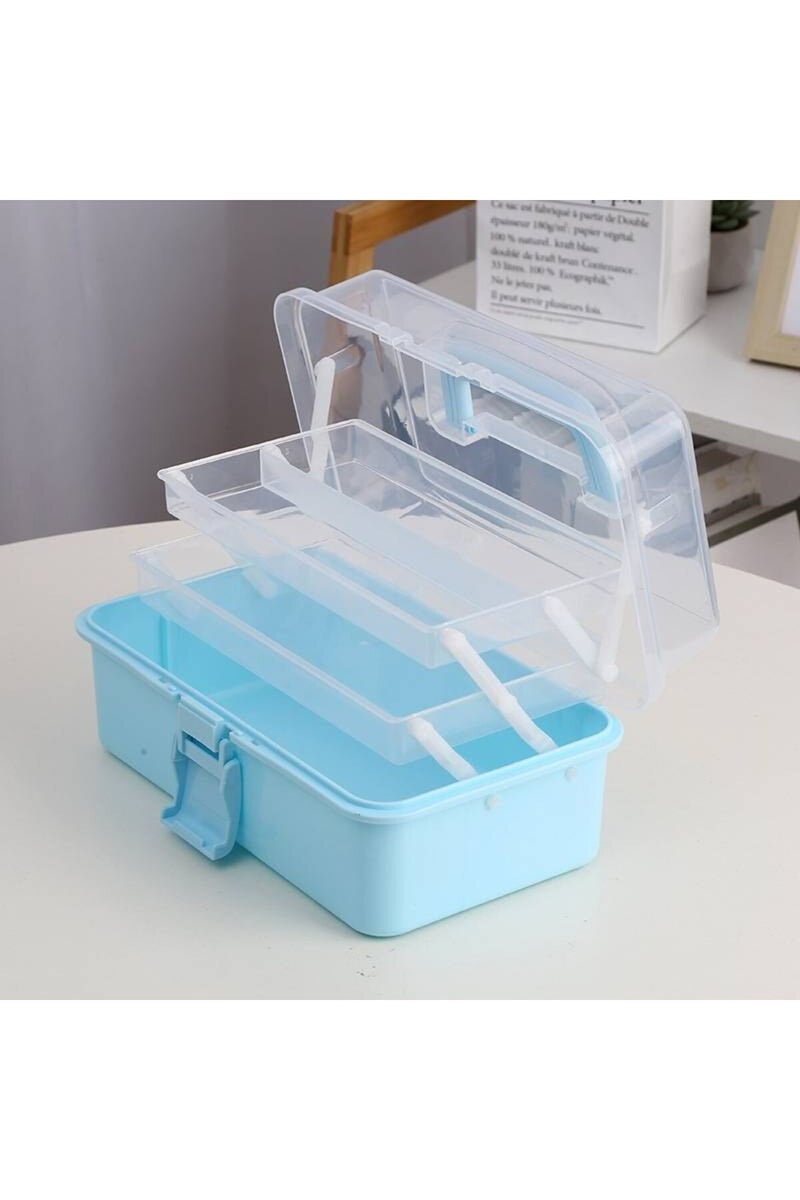 صندوق تخزين أدوات فنية بلاستيكي شفاف ثلاثي الطبقات باللون الأزرق، صندوق تخزين للخياطة، صندوق أدوات قابل للطي، صندوق أدوات فنية
