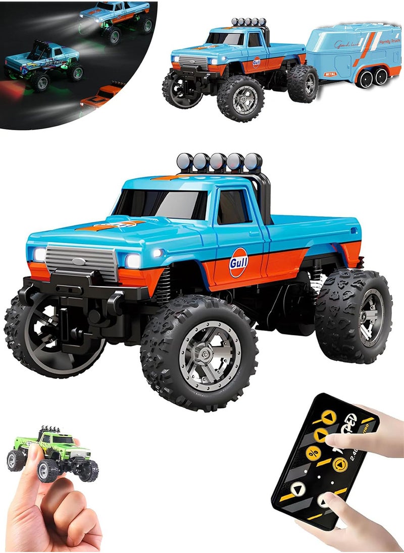 Chillspace Mini Remote Control Car, 2025 New Mini Rc Monster Truck 1/64, 2.4G Remote Control USB Rechargeable Underflow with Trailer with Lights present for Boys and GirlsCar Toys for Kids Gift—Blue  - Image 1