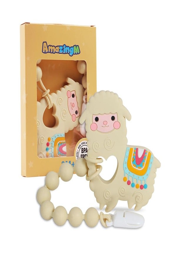AmazingM Baby Food Grade Silicone Teether Toy with One Piece Design Pacifier Clip Holder,Teething Pain Relief Toys Gift Set for 3 Months+ Boys and Girls,Freezer Safe,BPA Free. (Yellow Llama) - Image 1