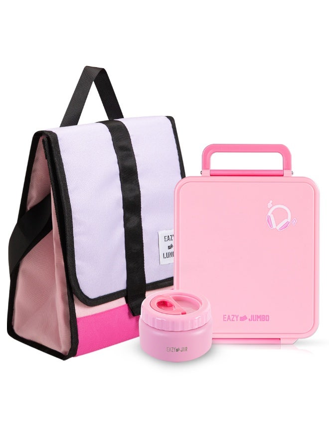 Eazy Kids Insulated Lunch Bag w/ Jumbo Bento Lunch Box – Pink - Image 1