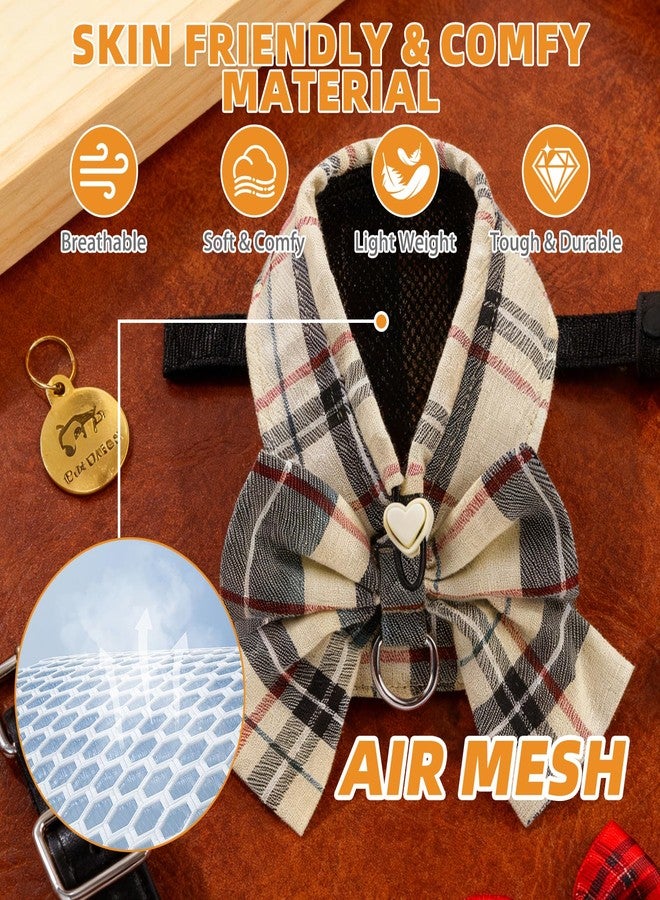KOOLTAIL Small Dog Harness and Leash Set, Cute Puppy Vest Harnesses with Bowtie, Step in No Pull Soft Mesh Padded Adjustable Plaid Pet Harness for Extra-Samll Medium Dogs Cats, Boy Girl, XS S, Beige M - Image 3