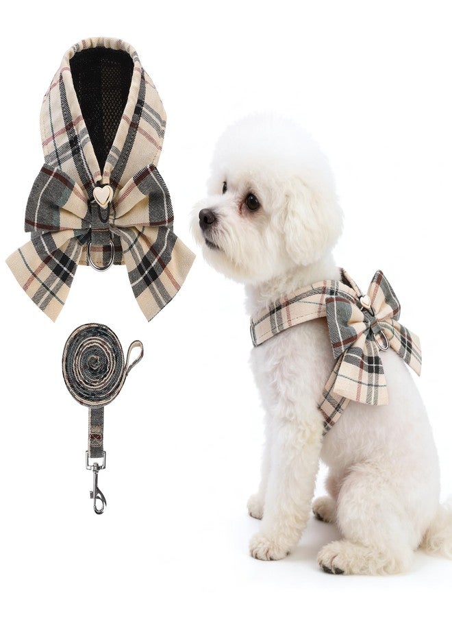 KOOLTAIL Small Dog Harness and Leash Set, Cute Puppy Vest Harnesses with Bowtie, Step in No Pull Soft Mesh Padded Adjustable Plaid Pet Harness for Extra-Samll Medium Dogs Cats, Boy Girl, XS S, Beige M - Image 1
