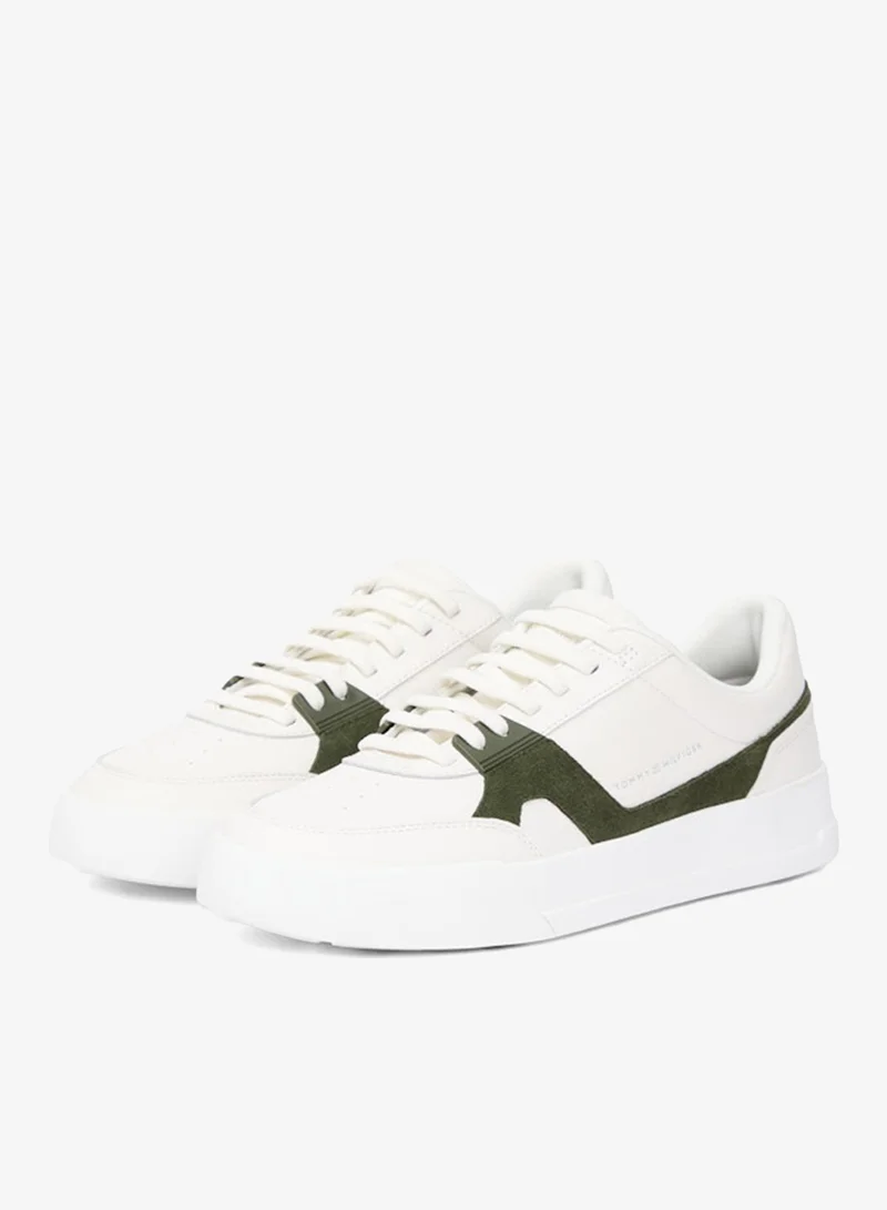 Tommy Hilfiger Ecru/Artic Spruce Leather Contrast Panel Court Sneakers for Men | Best Price UAE