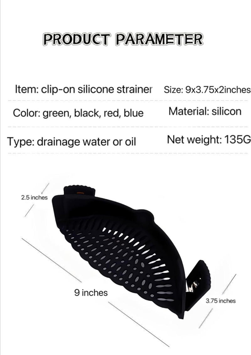 liboyixi Clip On Strainer Silicone for All Pots and Pans, Pasta Strainer Clip on Food Strainer for Meat Vegetables Fruit Silicone Kitchen Colander (Black) - Image 2