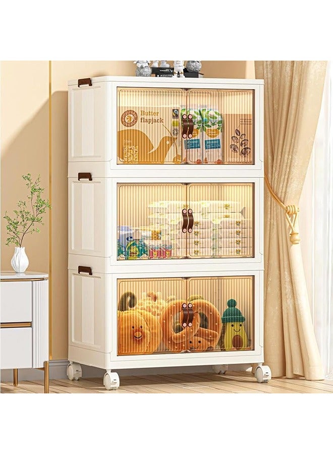 Bukela 3-Tier Plastic Storage Cabinet with Wheels & Doors | Foldable Organizer Cabinet for Baby Wardrobe & Kids Storage | Space-Saving Cabinet Organizer for Bedroom/Living Room - Image 1