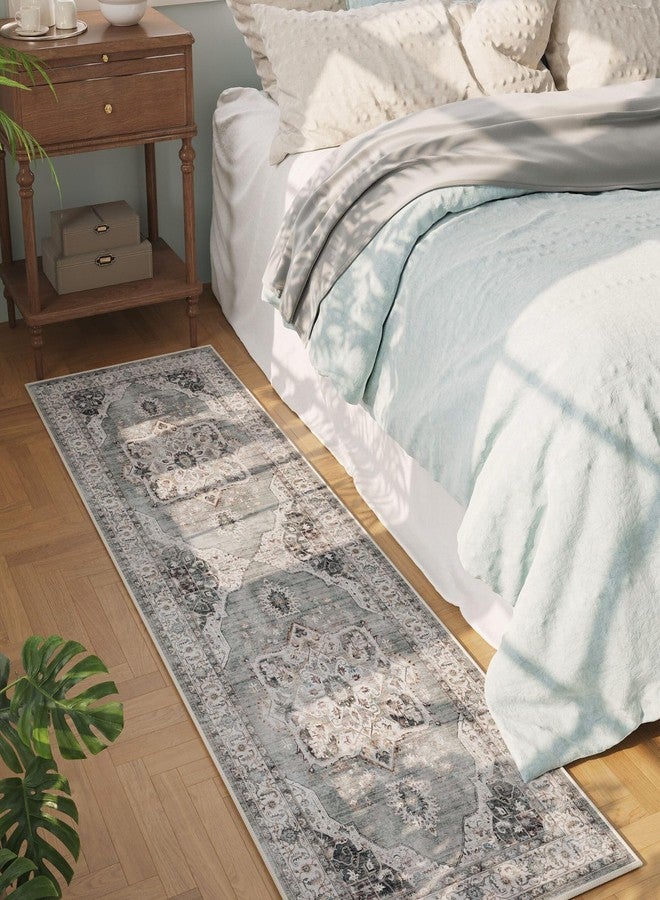 Rugcomf Vintage Medallion Kitchen Rugs Non Slip Washable 2'7"x8' - Low Pile Runner Rug, Boho Carpet for Hallways, Laundry, Bedroom, Bathroom - Grey and White - Image 4