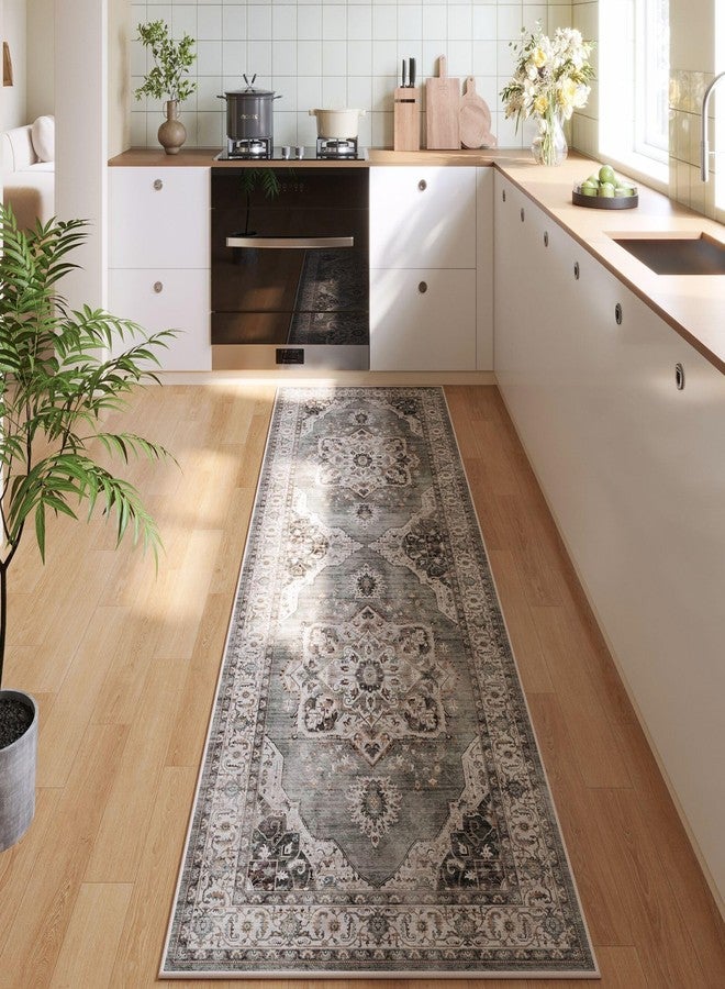 Rugcomf Vintage Medallion Kitchen Rugs Non Slip Washable 2'7"x8' - Low Pile Runner Rug, Boho Carpet for Hallways, Laundry, Bedroom, Bathroom - Grey and White - Image 1