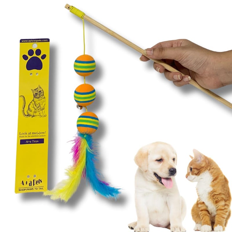 A+a Pets ' Cat Wand Teaser Interactive Toy with Retractable Ball | Feather Play Toy for Cats, Puppies, and Small Animals (Orange | Red | Blue) - Image 1