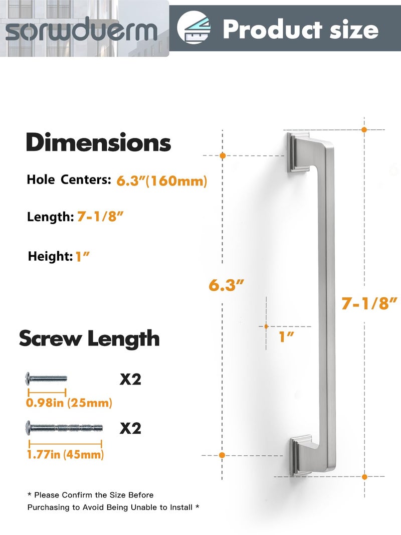 Sorwduerm 5 Pack Brushed Nickel Cabinet Pulls Square 6.3""(160Mm) Hole Center Silver Cabinet Handles Drawer Pulls Cupboard Kitchen Hardware - Image 2