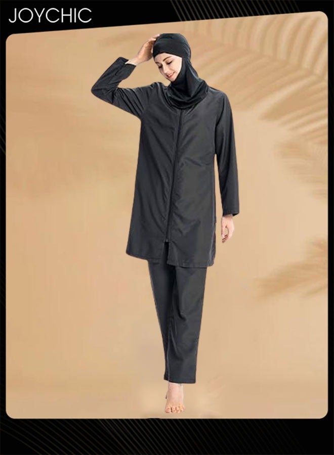 Joychic 3-piece Muslim Women Conservative Swimwear Set Summer Casual Comfortable and Sun Protection Long Sleeve Zipper Closure Swimsuit Lightweight Beach Wear Black - Image 2