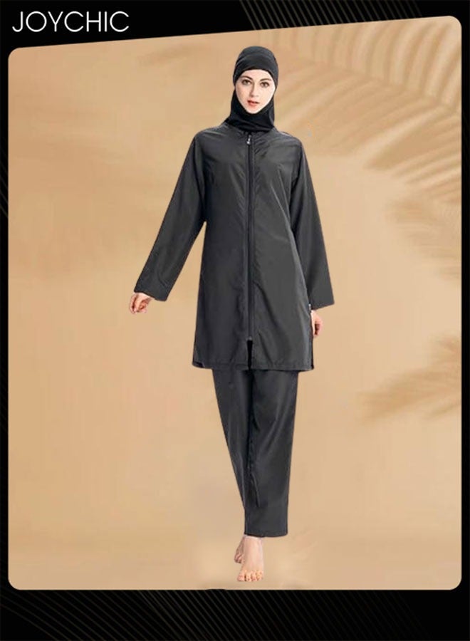 Joychic 3-piece Muslim Women Conservative Swimwear Set Summer Casual Comfortable and Sun Protection Long Sleeve Zipper Closure Swimsuit Lightweight Beach Wear Black - Image 1