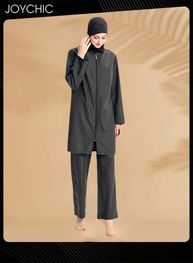 Joychic 3-piece Muslim Women Conservative Swimwear Set Summer Casual Comfortable and Sun Protection Long Sleeve Zipper Closure Swimsuit Lightweight Beach Wear Black - Image 3