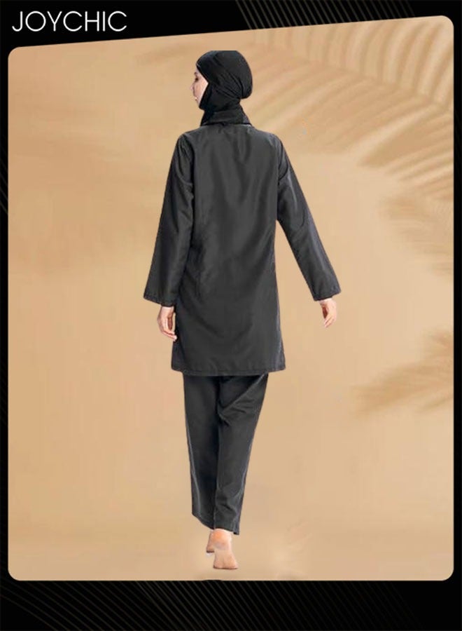 Joychic 3-piece Muslim Women Conservative Swimwear Set Summer Casual Comfortable and Sun Protection Long Sleeve Zipper Closure Swimsuit Lightweight Beach Wear Black - Image 5