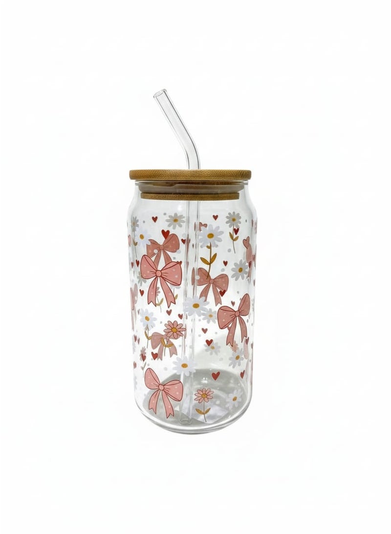 كوب زجاجي عصري على شكل علبة كانز ، غطاء بامبو و straw زجاجي – مثالية للمشروبات الباردة والساخنة - Image 2