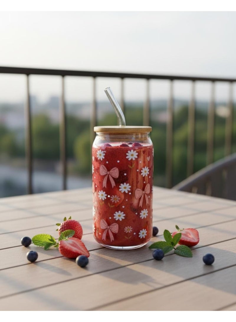كوب زجاجي عصري على شكل علبة كانز ، غطاء بامبو و straw زجاجي – مثالية للمشروبات الباردة والساخنة - Image 1