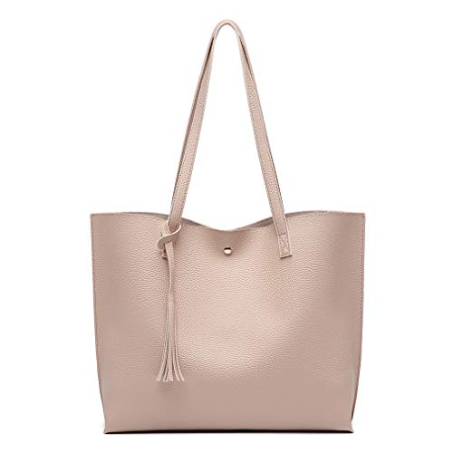 Dreubea Women's Soft Faux Leather Tote Shoulder Bag from, Big Capacity Tassel Handbag Apricot Pink - Image 1