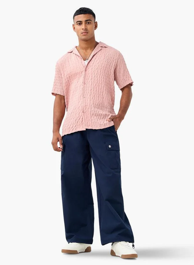 Splash FAV Regular Fit Dobby Textured Shirt with Camp Collar and Short Sleeves