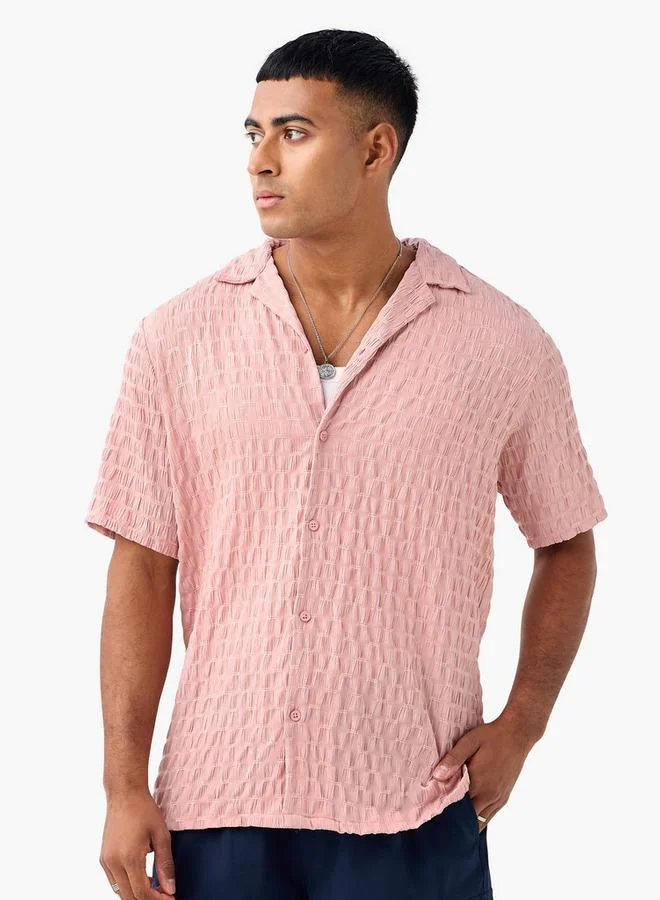 Splash FAV Regular Fit Dobby Textured Shirt with Camp Collar and Short Sleeves