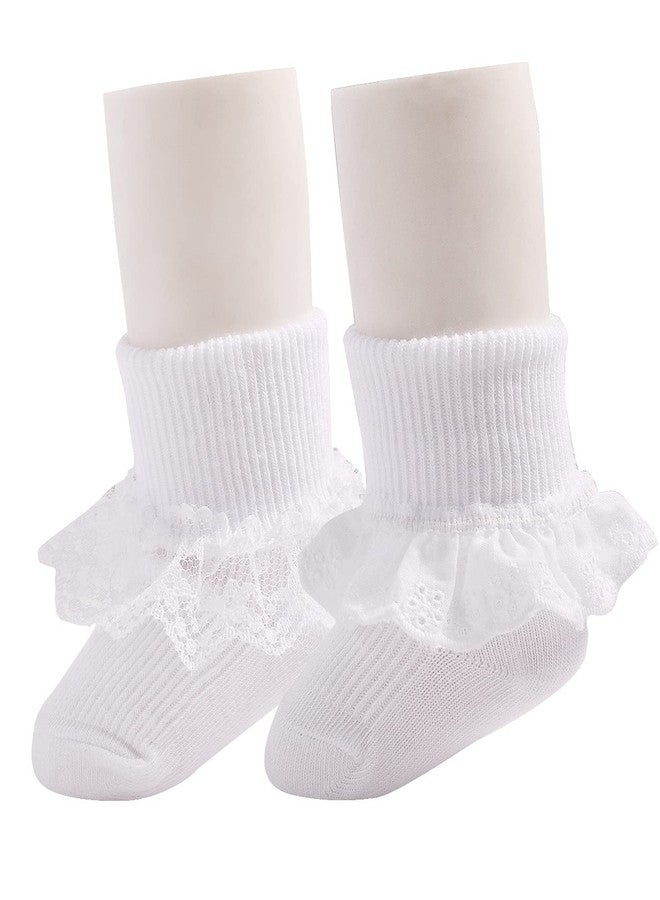 EPEIUS Baby Girl Socks Eyelet Turn Cuff Ruffle Lace Socks Dress Socks Newborn/Infants/Toddlers 2/3 Pack, White/White 2 Pack, 0-3 Months - Image 1