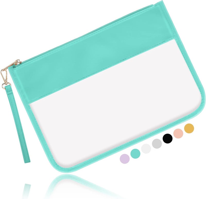 Iqimott حقيبة سحاب شفافة من إكيموت، حقيبة مكياج شفافة قابلة للتخصيص للنساء والفتيات، حقيبة مستلزمات السفر بحروف شنيلي (خضراء)