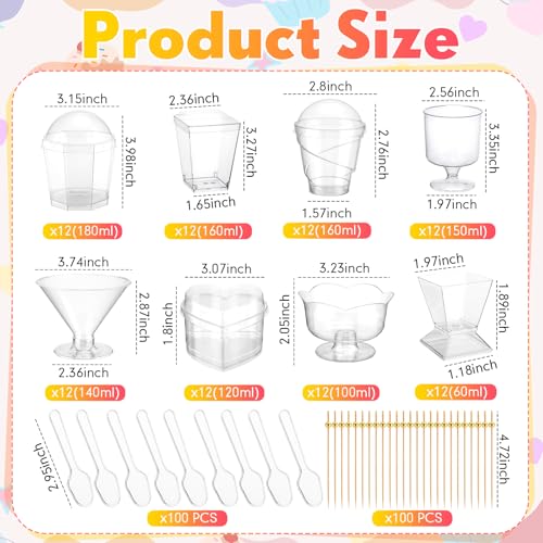 Remerry 296 Pack Plastic Dessert Cups with Lids and Spoons Toothpicks 2/3/4/5/6 oz 8 Styles Clear Mini Appetizer Cups Disposable for Serving Fruit Ice Cream Pudding Weddings Party(Classic Style) - Image 2