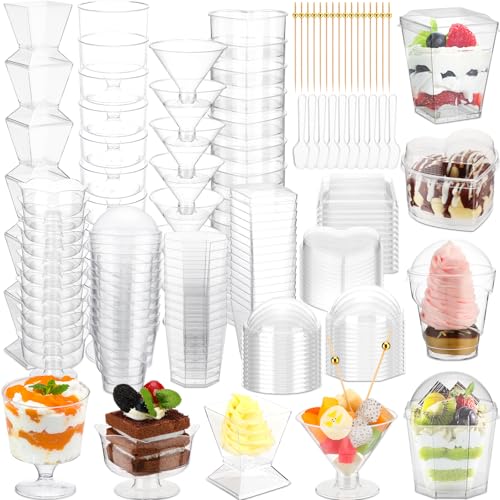 Remerry 296 Pack Plastic Dessert Cups with Lids and Spoons Toothpicks 2/3/4/5/6 oz 8 Styles Clear Mini Appetizer Cups Disposable for Serving Fruit Ice Cream Pudding Weddings Party(Classic Style) - Image 1