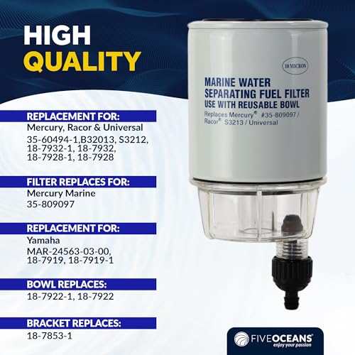 Five Oceans Fuel Water Separator Marine - Fuel Water Separator with Clear Bowl, Replaces# S3213, 35-60494-1, 18-7932-1,18-17928,35-809097, for Marine Outboard Motor Mercury, Racor, Universal - FO3665 - Image 2