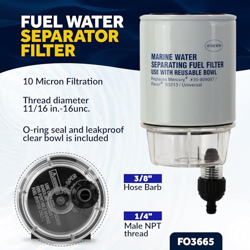 Five Oceans Fuel Water Separator Marine - Fuel Water Separator with Clear Bowl, Replaces# S3213, 35-60494-1, 18-7932-1,18-17928,35-809097, for Marine Outboard Motor Mercury, Racor, Universal - FO3665 - Image 3
