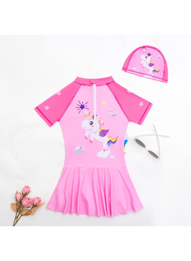 Loquat 2023 Medium And Large Children Girls' Short-sleeved Swimsuit One-piece Dress Swimsuit Cartoon Cute Girls' Swimsuit-Color:95050-1- - Image 4