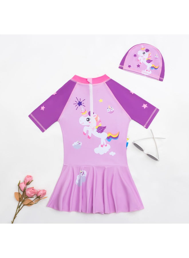 Loquat 2023 Medium And Large Children Girls' Short-sleeved Swimsuit One-piece Dress Swimsuit Cartoon Cute Girls' Swimsuit-Color:95050-1- - Image 5