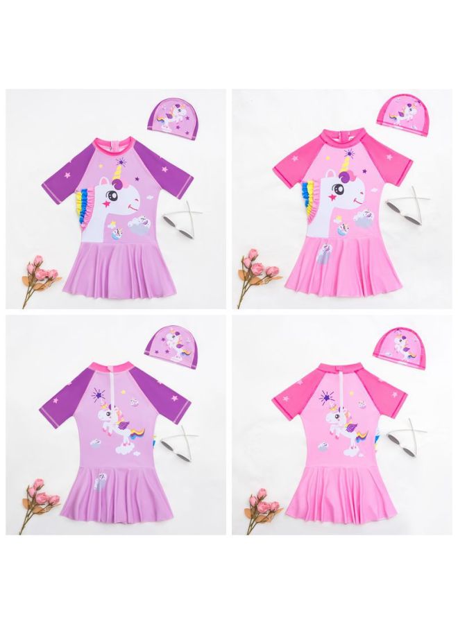 Loquat 2023 Medium And Large Children Girls' Short-sleeved Swimsuit One-piece Dress Swimsuit Cartoon Cute Girls' Swimsuit-Color:95050-1- - Image 3