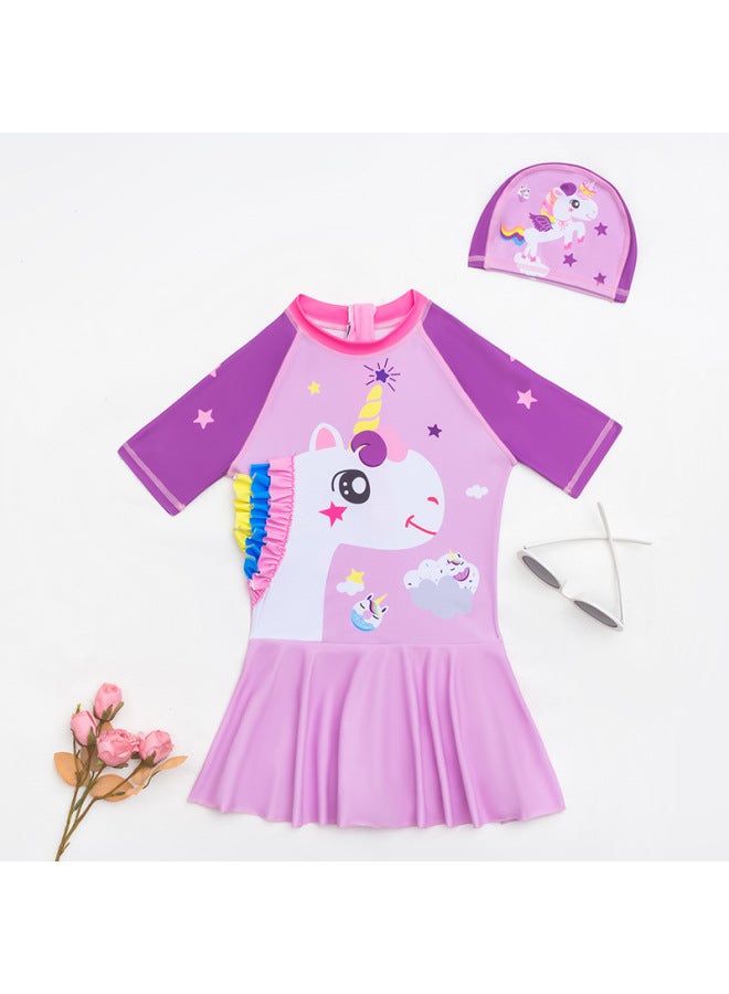 Loquat 2023 Medium And Large Children Girls' Short-sleeved Swimsuit One-piece Dress Swimsuit Cartoon Cute Girls' Swimsuit-Color:95050-1- - Image 2