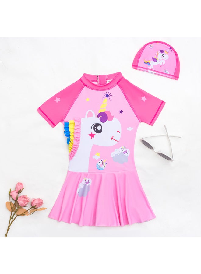 Loquat 2023 Medium And Large Children Girls' Short-sleeved Swimsuit One-piece Dress Swimsuit Cartoon Cute Girls' Swimsuit-Color:95050-1- - Image 1
