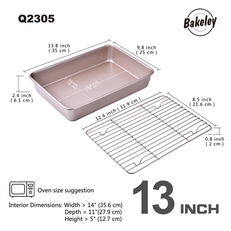 Bakeley Roasting Pan With Rack Non-Stick Rectangular Deep Dish Oven-Bbq Bakeware For Oven Baking 13.78"" X 9.84"" X 2.36"" (Champagne Gold) - Image 2