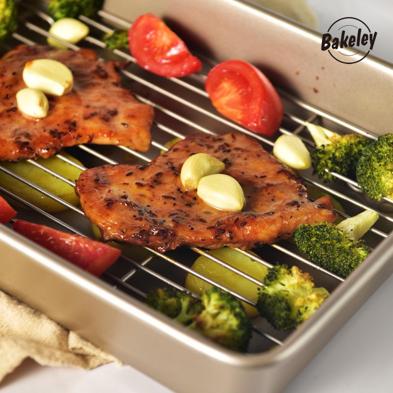 Bakeley Roasting Pan With Rack Non-Stick Rectangular Deep Dish Oven-Bbq Bakeware For Oven Baking 13.78"" X 9.84"" X 2.36"" (Champagne Gold) - Image 4