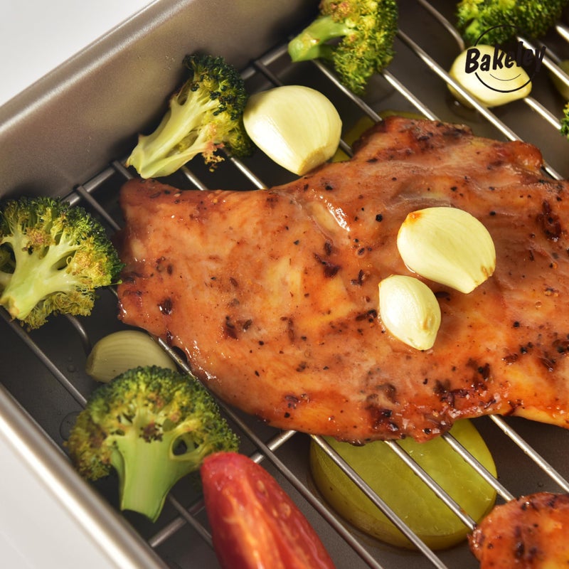 Bakeley Roasting Pan With Rack Non-Stick Rectangular Deep Dish Oven-Bbq Bakeware For Oven Baking 13.78"" X 9.84"" X 2.36"" (Champagne Gold) - Image 3