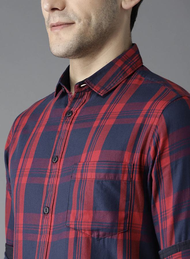 قميص منقوش بقصة Slim Fit بأكمام مطوية