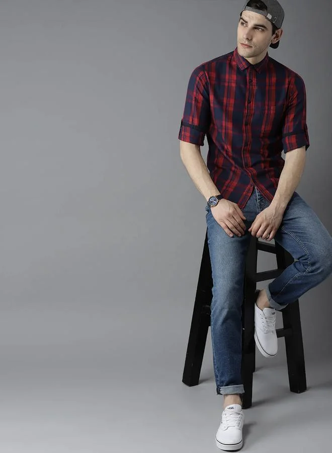 Dennis Lingo Dennis Lingo Plaid Checked Slim Fit Shirt with Roll Up Sleeves