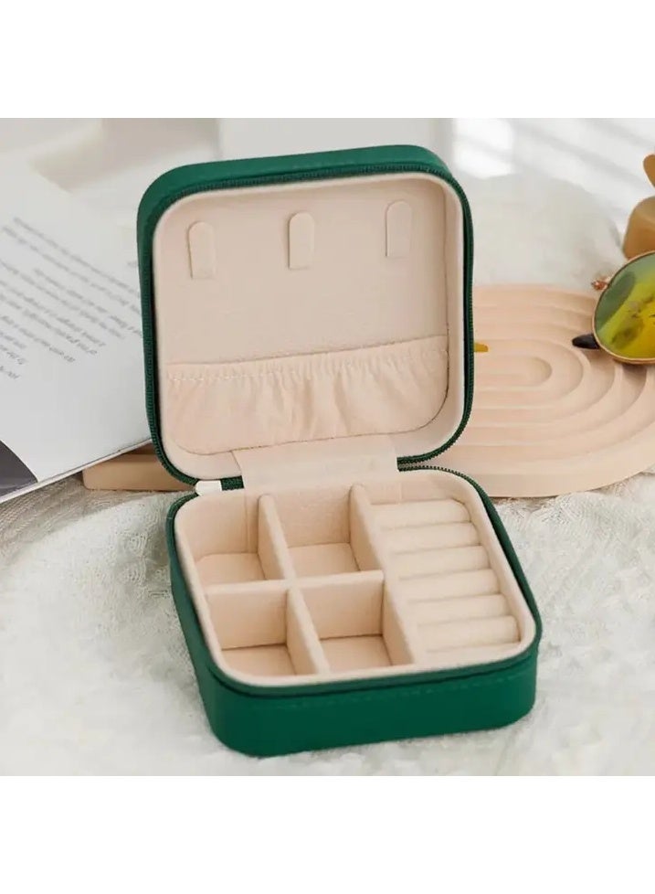 Portable Pocket Leather Jewelry and Accessories Organizer Box for Travel - Small Zippered Jewelry Case for Rings, Earrings, Necklaces, Chains, and Bracelets; Makeup and Jewelry Organizer; Velvet Leather; Protective and Water Resistant -  green - Image 1