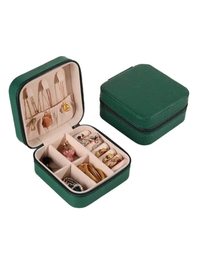 Portable Pocket Leather Jewelry and Accessories Organizer Box for Travel - Small Zippered Jewelry Case for Rings, Earrings, Necklaces, Chains, and Bracelets; Makeup and Jewelry Organizer; Velvet Leather; Protective and Water Resistant -  green - Image 2