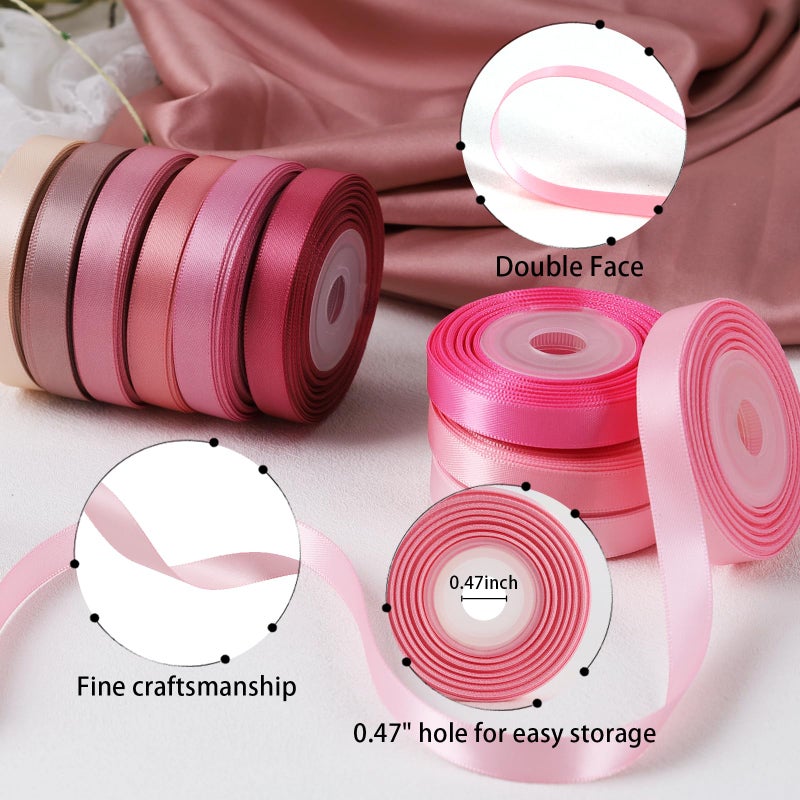 LaRibbons 3/8 Inch 100 Yard Pink Satin Ribbon for Crafts, 10 Yd/Roll 10 Rolls Pink Double Faced Satin Ribbon Pack for Gift, Wedding Party Decoration - Image 5