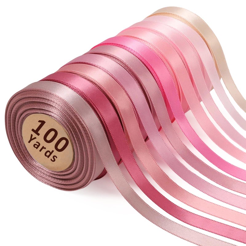 LaRibbons 3/8 Inch 100 Yard Pink Satin Ribbon for Crafts, 10 Yd/Roll 10 Rolls Pink Double Faced Satin Ribbon Pack for Gift, Wedding Party Decoration - Image 1
