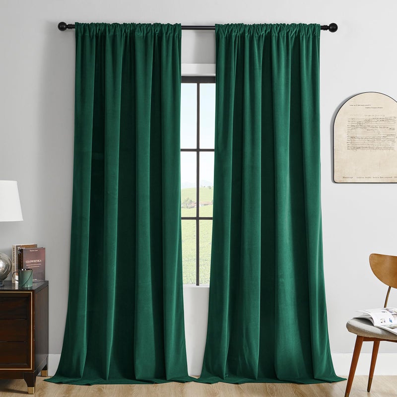 Joydeco Dark Green Velvet Curtains 84 inch Length 2 Panels Burg Set Luxury Rod Pocket Thermal Insulated Window Blackout Curtain Room Darkening Drapes for Living Dining Room Bedroom Privacy