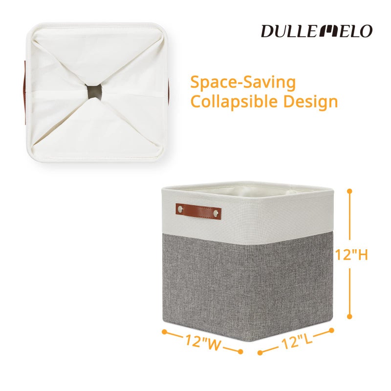 DULLEMELO [Set of 4 Storage Cubes Baskets for Organizing, 12 x 12 x 12 inch Cube Storage Organizer Bins with Leather Handles, Foldable Fabric Cloth Bins for Cube Storage(4 Pack - 12" White&Grey) - Image 2